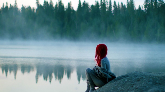 girl, redhead, lake