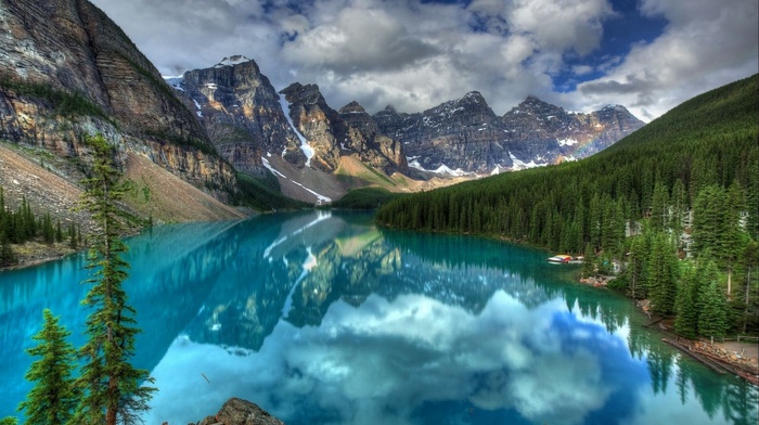 landscape, nature, trees, lake, mountain