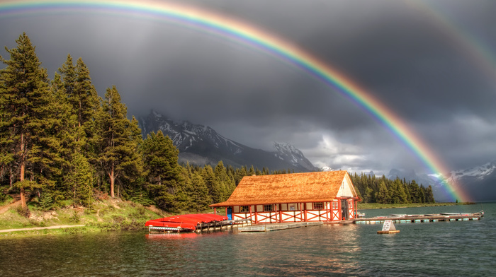 river, mountain, nature, rainbow, forest, lodge