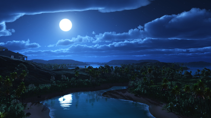 moon, art, night, palm trees, 3D, landscape, hills