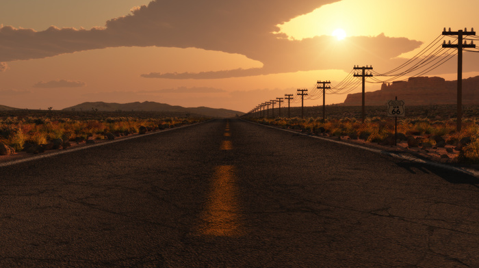 art, road, USA, clouds, 3D