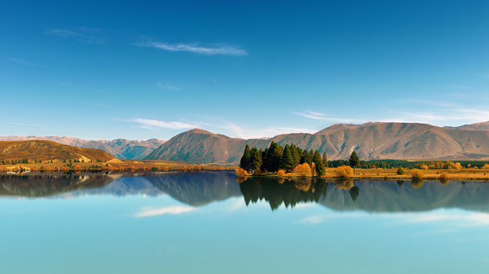 reflection, sky, trees, lake, mountain, nature