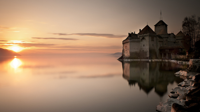 castle, Sun, nature, lake, water, reflection