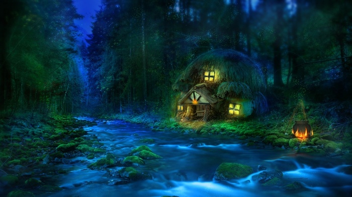 fantasy, river, forest, lodge