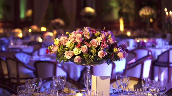 bouquet, flowers, stemware, roses