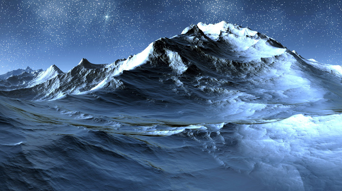 3D, stars, rocks, landscape, snow, mountain