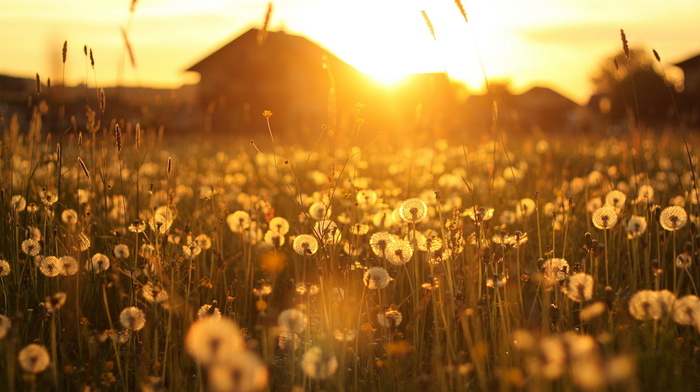 sunset, landscape, house, light, nature