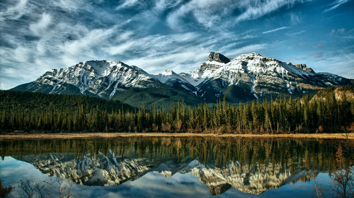 forest, lake, clouds, reflection, mountain, nature, Canada, trees