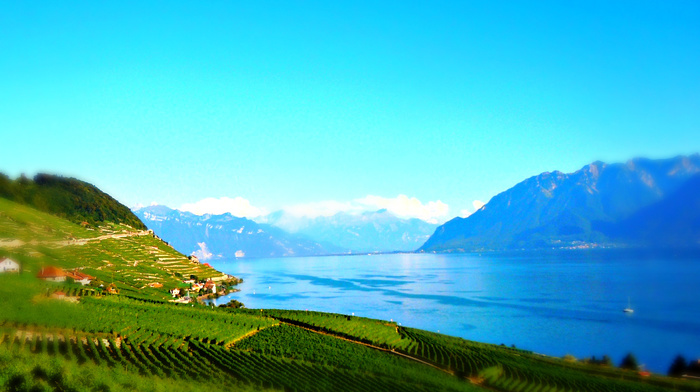 nature, sky, lake, grass, mountain