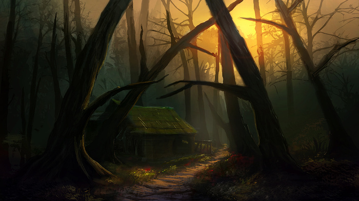 trees, runway, fantasy, house, art