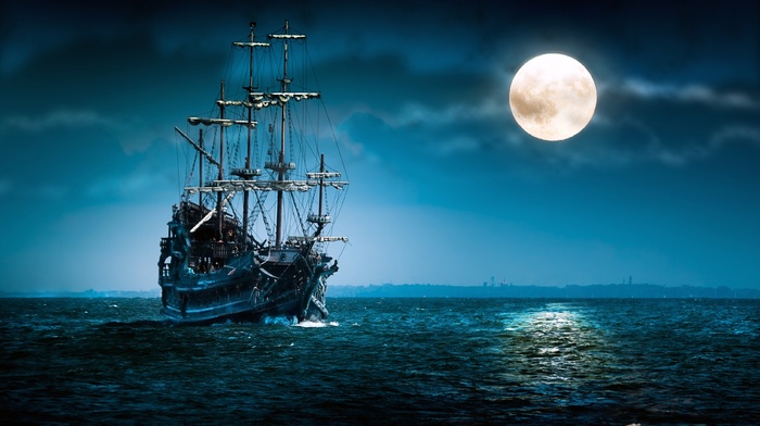 ship, sea, moon, 3D