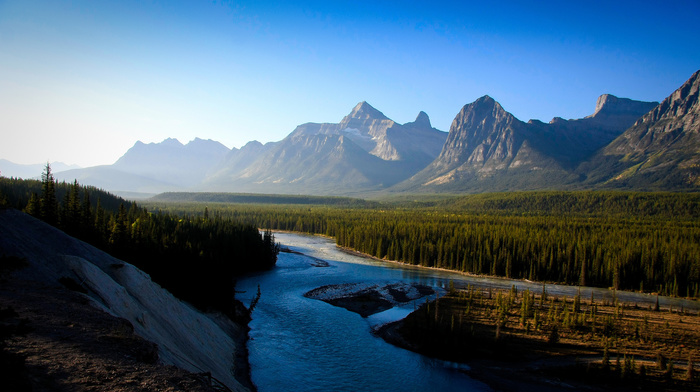 Sun, mountain, forest, nature, sky, river