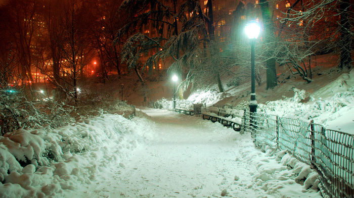 evening, snow, light, park, cities, city