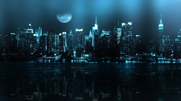 night, moon, cities, river, reflection