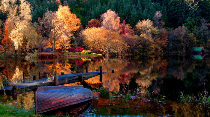 boat, landscape, autumn, houses, nature, lake, forest, trees