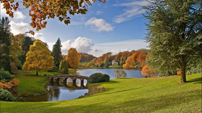 landscape, autumn, England, bridge, trees, lake