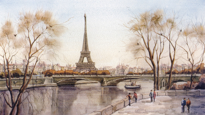 cities, Eiffel Tower, city, river, drawing, Paris, France