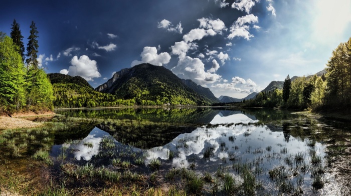 mountain, spring, grass, river, sky, clouds, forest, landscape