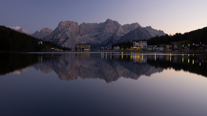 resort, evening, lake, nature, sky, mountain, Alps