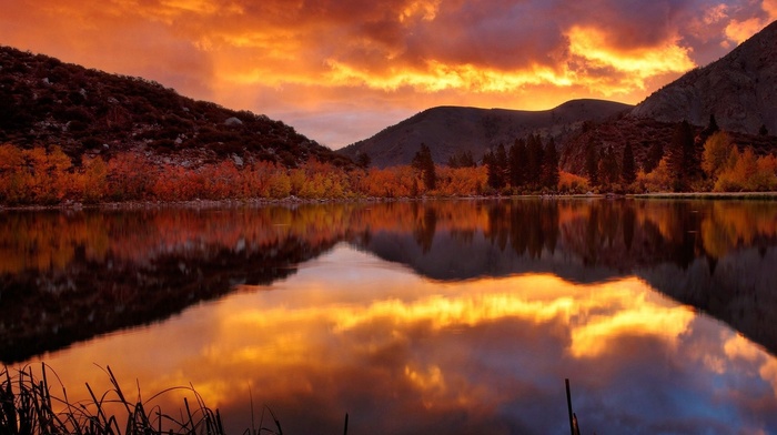 sunset, lake, autumn