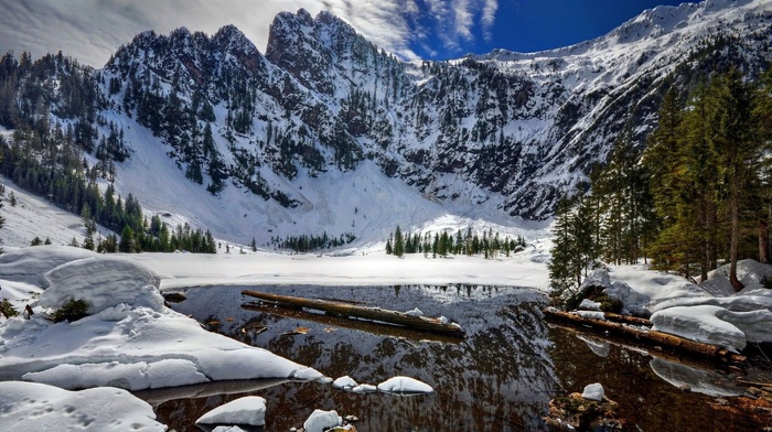 winter, mountain, landscape, lake, snow