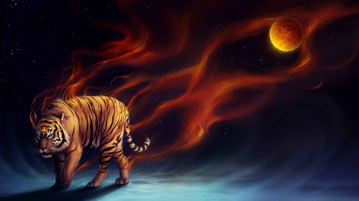 fire, art, tiger, planet, animals
