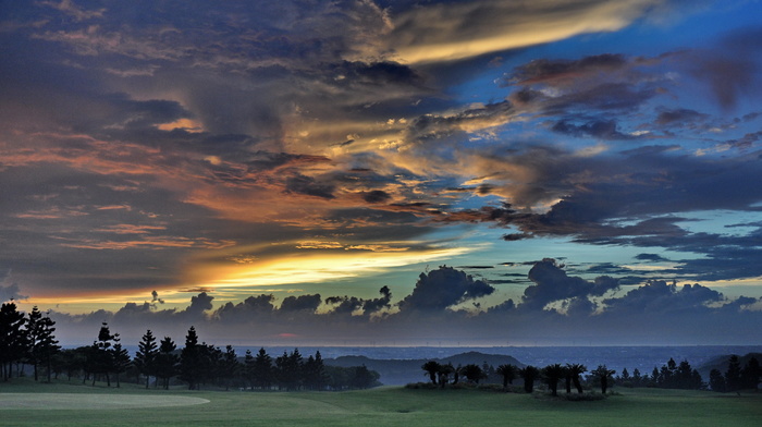 nature, sunset, trees, sky, clouds