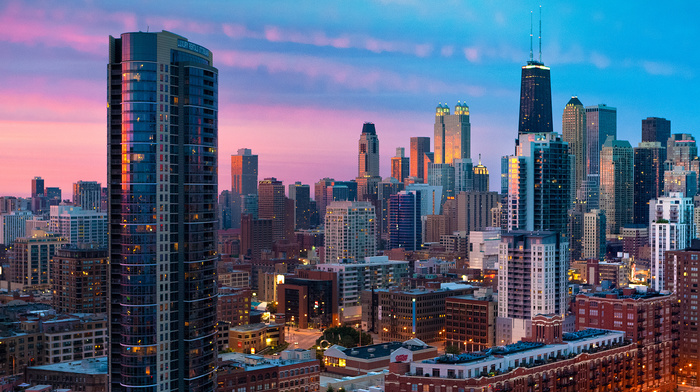 sunset, cities, Chicago, city