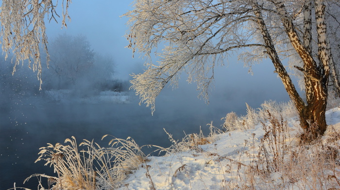 mist, winter, river, nature, snow, landscape