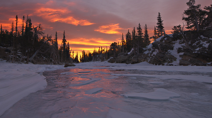 nature, winter, ice, sunset, forest, river