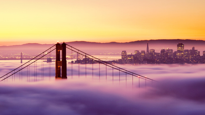 bridge, mist, cities, sunset