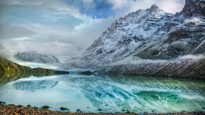 lake, mountain, cold, clouds, nature