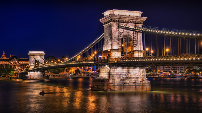 lights, night, cities, bay, bridge, river