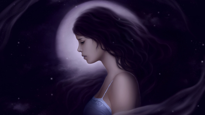 moon, night, girl, fantasy