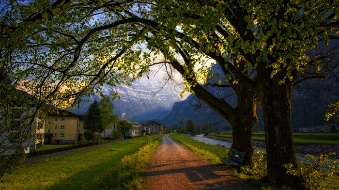 spring, cities, evening, road, trees, Switzerland