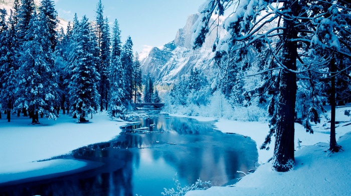 river, mountain, landscape, winter, trees