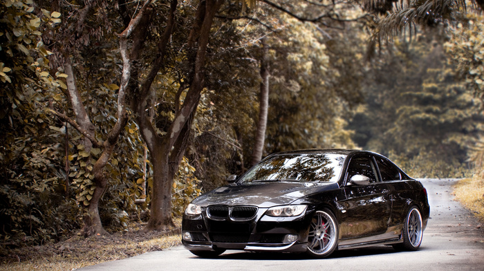 bmw, cars, forest, black, BMW, road