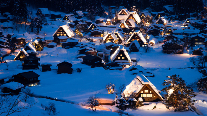snow, landscape, houses, night, winter, nature