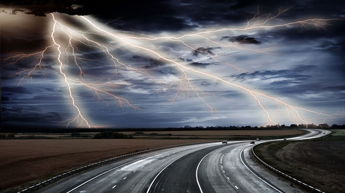 lightning, car, nature, road, sky