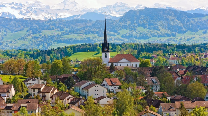 houses, mountain, church, Switzerland, cities