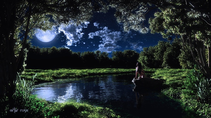 moon, girl, trees, lake, 3D, art, night, stone