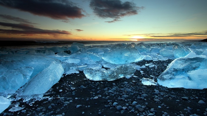 landscape, sunset, nature, sea, ice