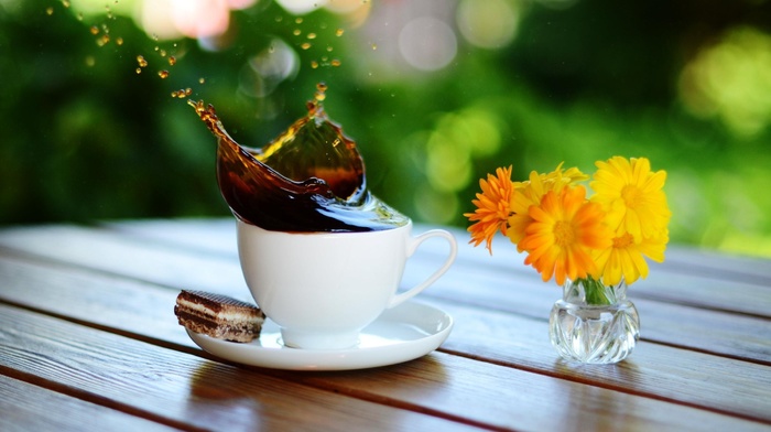 macro, delicious, table, splash, cup, coffee