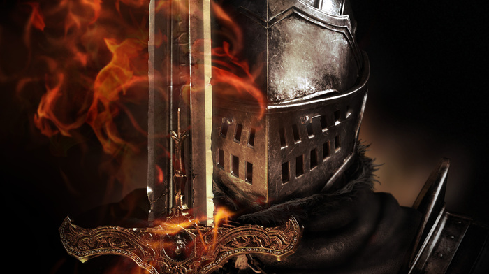 flame, video games, helmet, sword, armor, Dark Souls