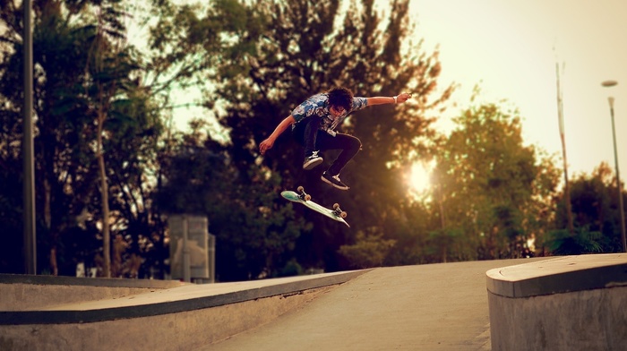 boy, sports, street, trees, skateboard