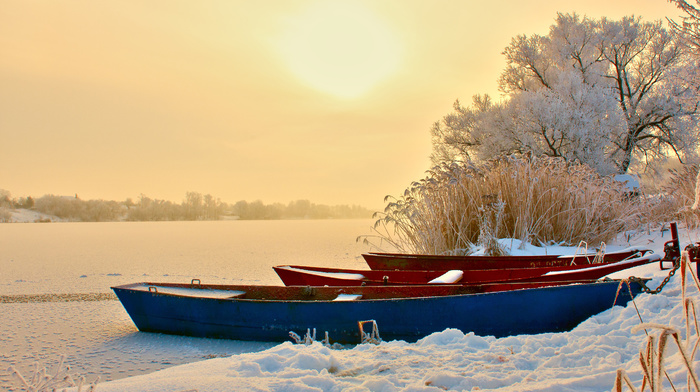 evening, boats, nature, river, snow, winter