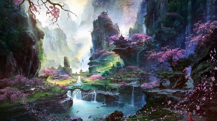 waterfall, fantasy, art, river, sakura, Asian, trees, landscape
