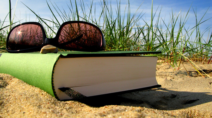glasses, book, macro, grass, summer, rest, sand