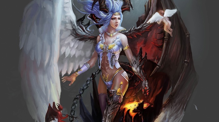 horns, wings, angel, art, fantasy, demon, girl