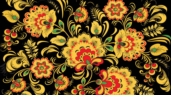 background, leaves, berries, yellow, patterns, flowers